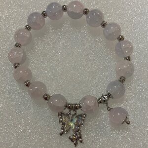 Elegant Silver and Pink Beaded Bracelet with Butterfly Charm